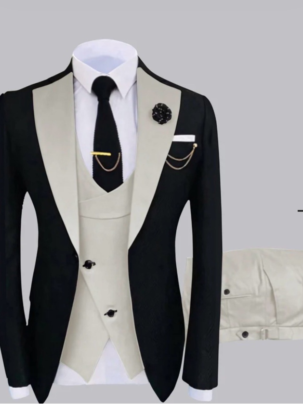 Classic Black Suit Jacket with Cream Shawl Lapel and Matching Vest